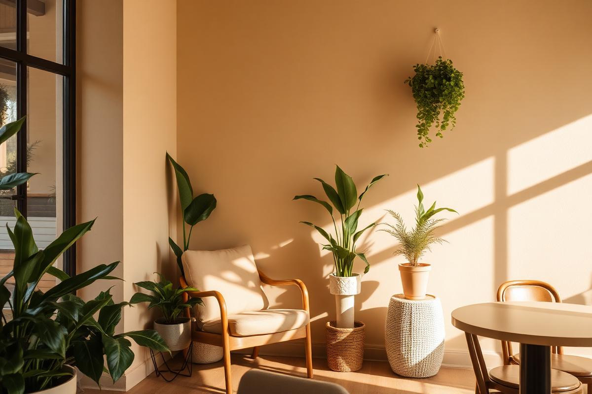 Sunlit café corner with plants and armchair