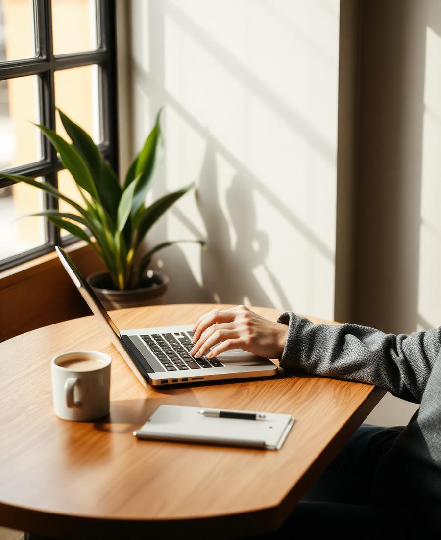 Guest working on a laptop with coffee
