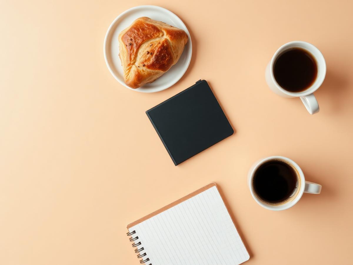 Flat lay of coffee, pastry and notebook