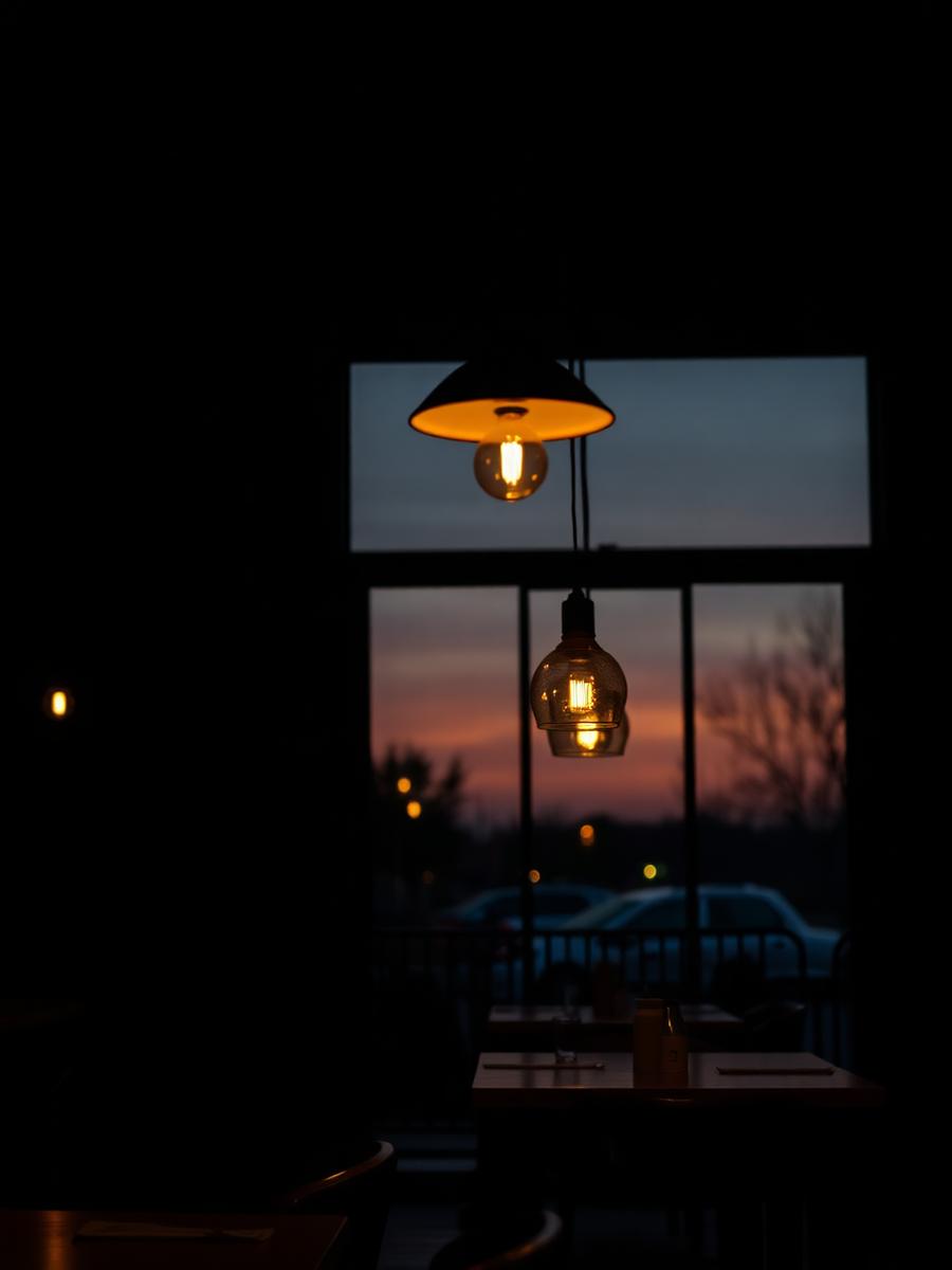 Café at dusk with glowing pendant lights