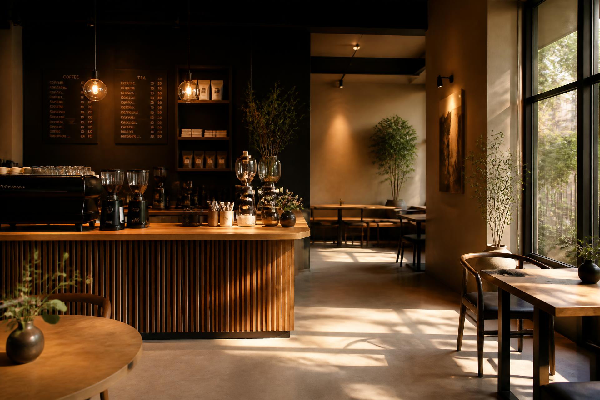 Warm minimalist interior of Aurora Café with morning light